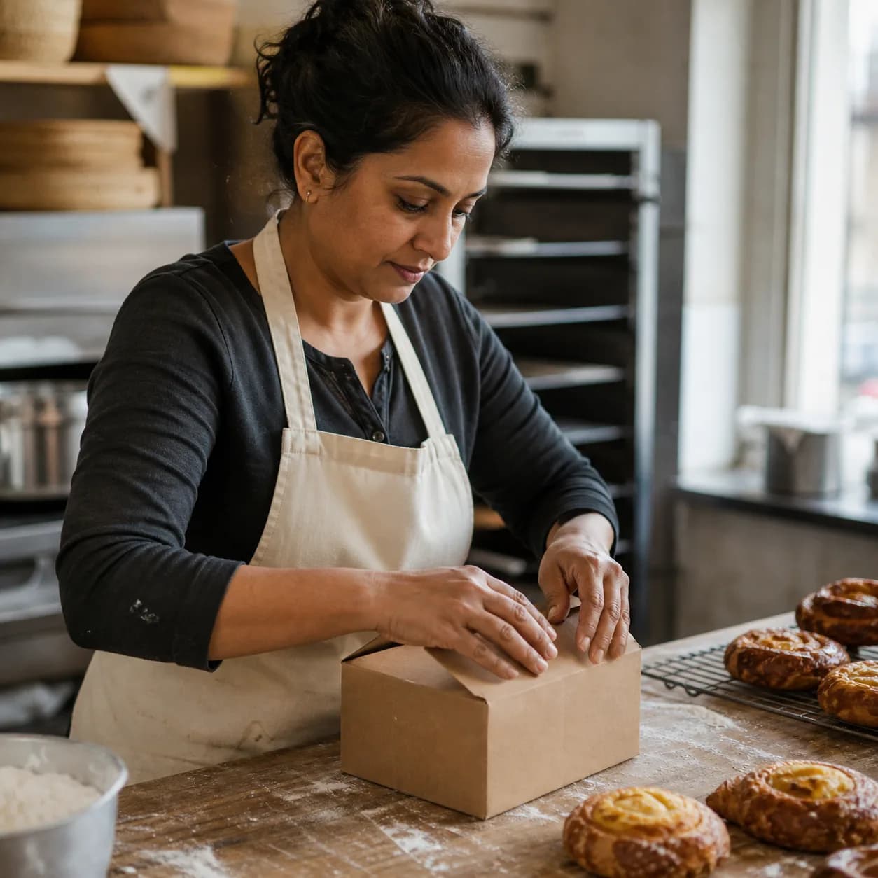 Independent baker packing a customer order into a paper box