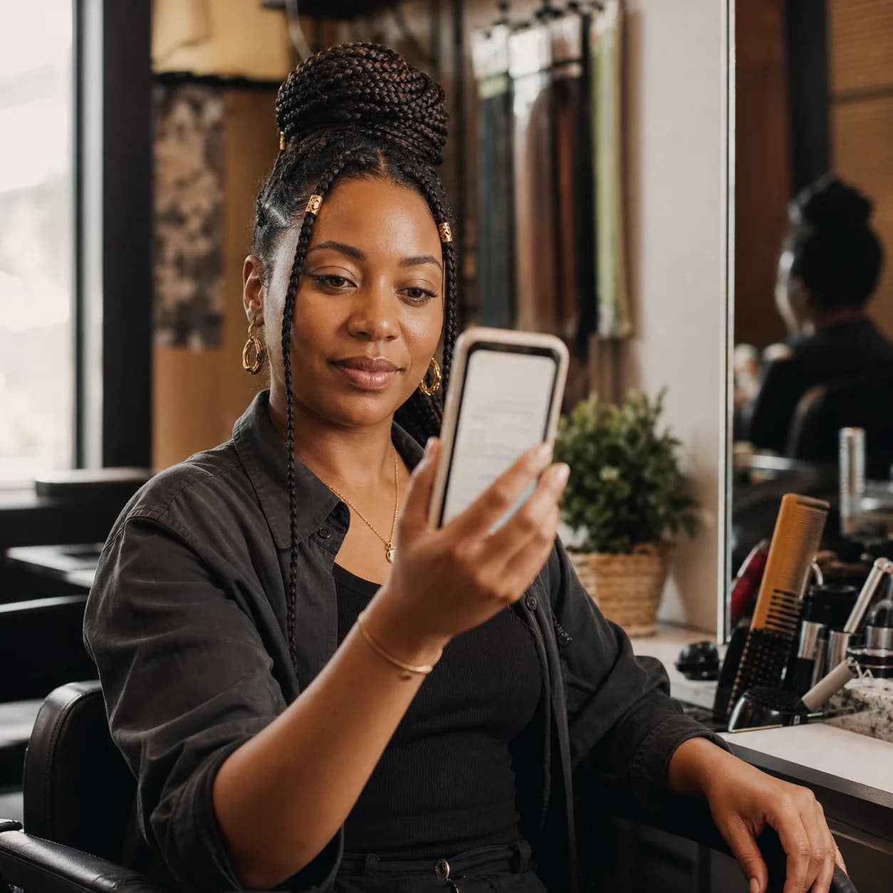 Independent hair braider checking a document on her phone