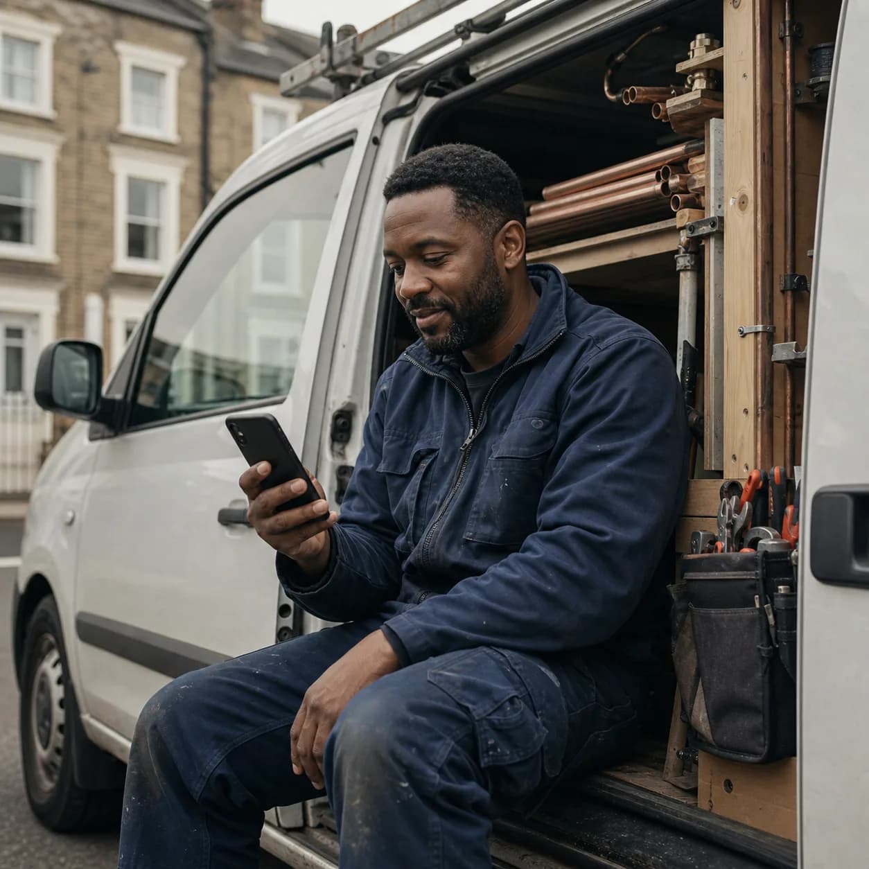 Plumber checking his phone while sitting in his work van